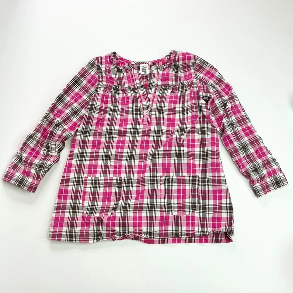 Carter's Pink Plaid Tunic Top Kids Size 6 Roll-Tab Sleeve Cotton Henley
